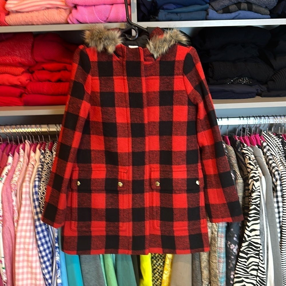 J Crew red and black gingham faux fur hooded 50% wool coat size 2 NWT